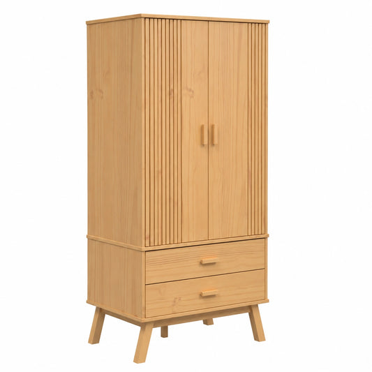 Kleiderschrank – mit Schubladen, aus Massivholz und Kiefernholz, Braun